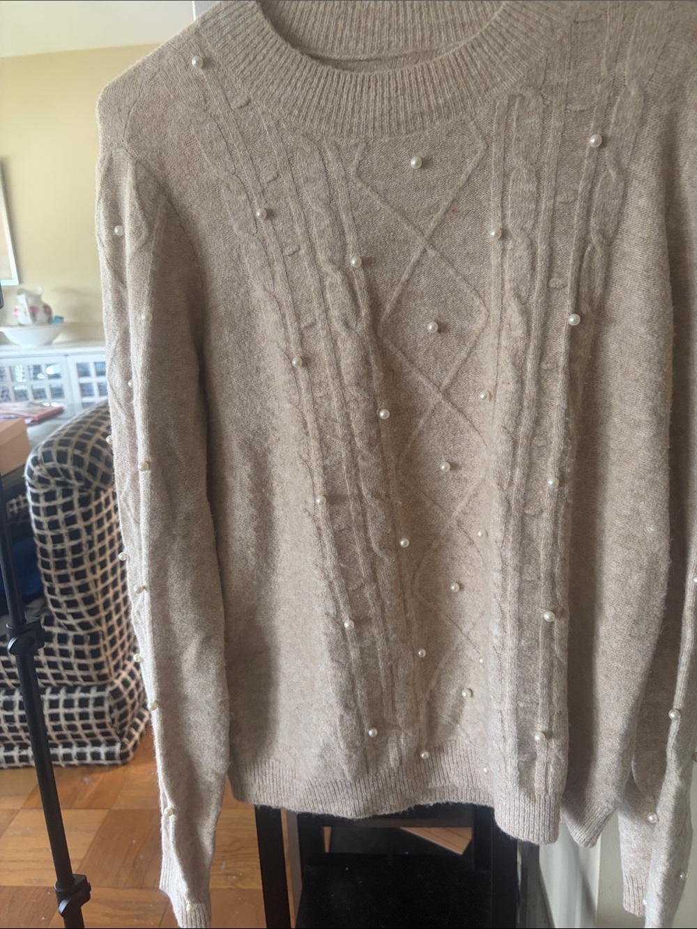 Pearl-Embellished Cable Knit Sweater - Beige